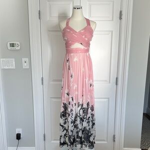 Floral Pink Charcoal Ombré Pleated Cross Front Cutout Bodice Maxi Dress Size 00